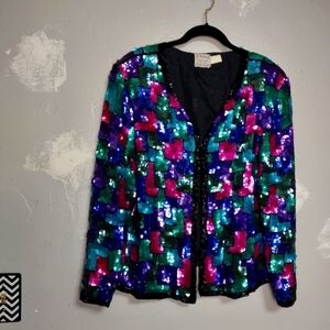 Vintage 80s Stenay Heavily Beaded Sequin Trophy Jacket Black Silk Geo Jewel L